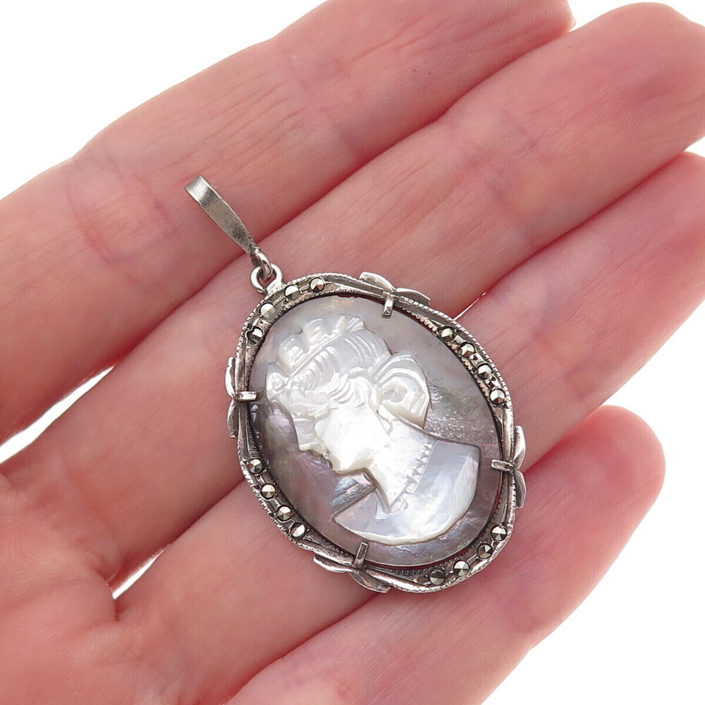 Camexco Sterling Silver Vintage Real Abalone Shell Marcasite Lady Cameo Pendant